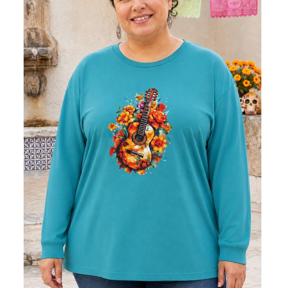 Custom Print Dia de los Muertos Guitar Floral LS T-Shirt 3X Peacock Blue NWOT